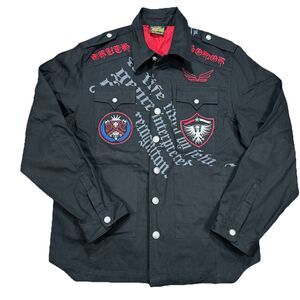 Delf Trading Imperious Mens XL Y2K Black Military Patch Graphics Metal Buttons